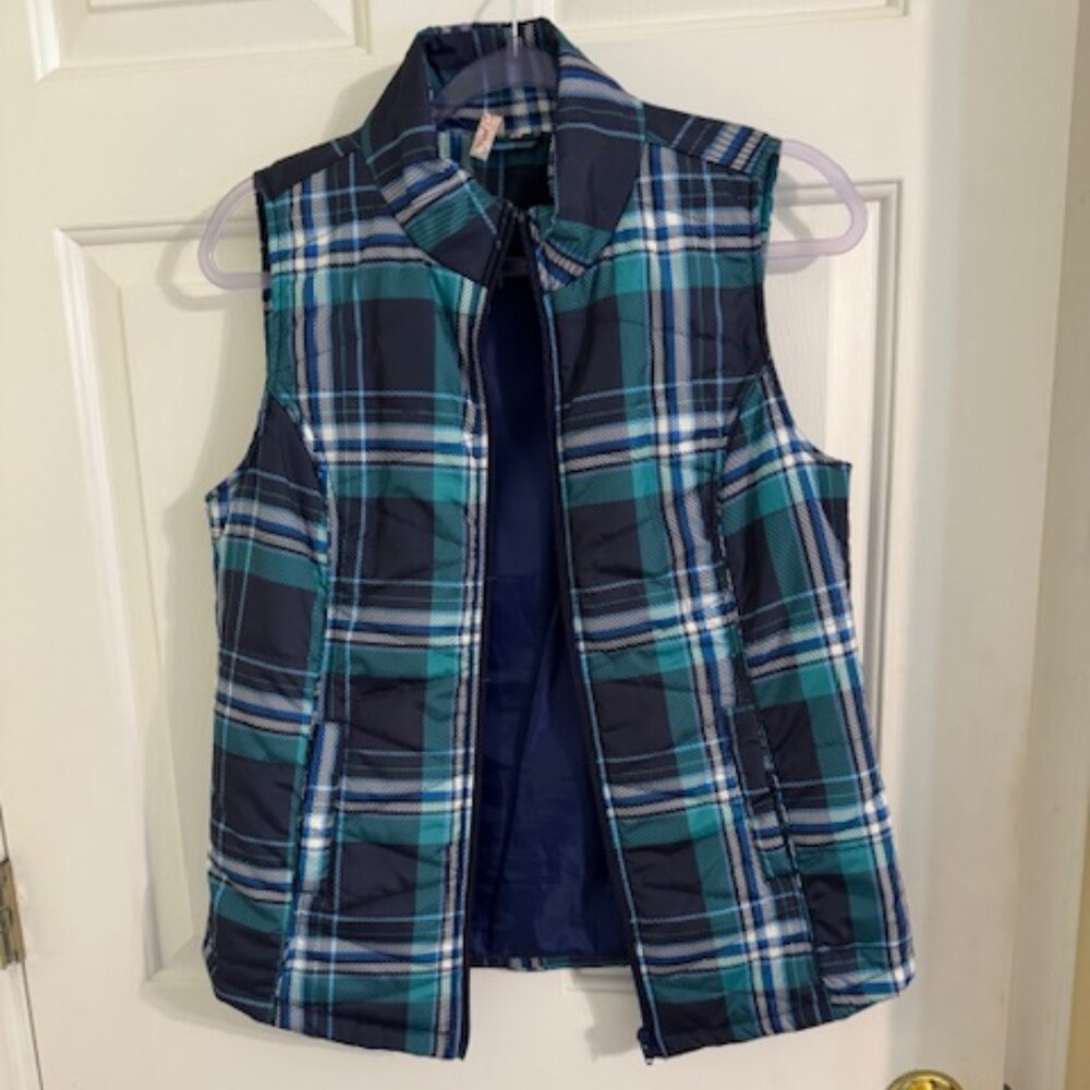 Red Camel Navy Teal Blue Plaid Puffer Vest Sz M EUC Full Zip